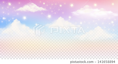 Magical pastel gradient sky with glitter stars, fluffy clouds and kawaii elements. Dreamy princess fantasy backdrop in soft purple and blue watercolor tones. Transparent vector bg Magical pastel gradient sky with glitter stars, fluffy clouds and kawaii elements. Dreamy princess fantasy backdrop in soft purple and blue watercolor tones. Transparent vector bg 141658894