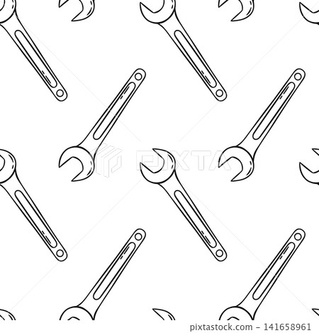 Black and white repeat pattern of wrench in hand-drawn doodle style. Vector illustration for hardware store ads, fabric design or poster backgrounds Black and white repeat pattern of wrench in hand-drawn doodle style. Vector illustration for hardware store ads, fabric design or poster backgrounds 141658961