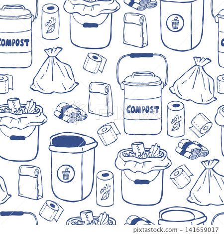 Seamless Pattern of Household Waste Management and Composting. Garbage Bin, Compost Bucket, and Trash Bag Roll on White Background. Zero Waste and Eco-Friendly Sanitation. Outline Vector Illustration. Seamless Pattern of Household Waste Management and Composting. Garbage Bin, Compost Bucket, and Trash Bag Roll on White Background. Zero Waste and Eco-Friendly Sanitation. Outline Vector Illustration. 141659017