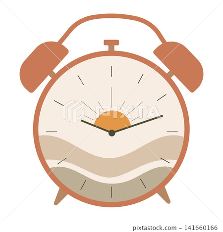 Illustrated Retro Alarm Clock with Sunrise and Abstract Shapes Illustrated Retro Alarm Clock with Sunrise and Abstract Shapes 141660166
