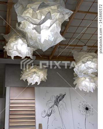 Artistic cafe ceiling with fabric lamps Artistic cafe ceiling with fabric lamps 141660572