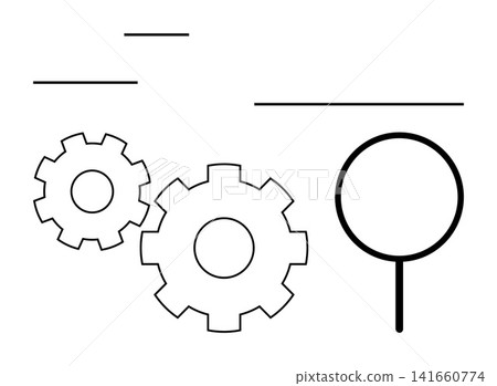 Process optimization, workflow management, technical analysis, productivity tools, search mechanisms, business operations. Gears and magnifying glass in black and white. Process optimization Process optimization, workflow management, technical analysis, productivity tools, search mechanisms, business operations. Gears and magnifying glass in black and white. Process optimization 141660774