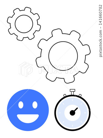 Productivity, time management, efficiency, workflow, success, organization. Two cogwheels, a stopwatch and a smiling face. Productivity and time management concept Productivity, time management, efficiency, workflow, success, organization. Two cogwheels, a stopwatch and a smiling face. Productivity and time management concept 141660782