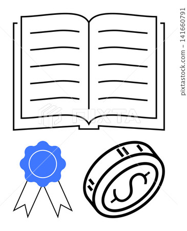 Education, certification, financial success, achievement, learning concepts, book. Open book with lines, blue ribbon coin design. Education and certification conceptual ideas Education, certification, financial success, achievement, learning concepts, book. Open book with lines, blue ribbon coin design. Education and certification conceptual ideas 141660791
