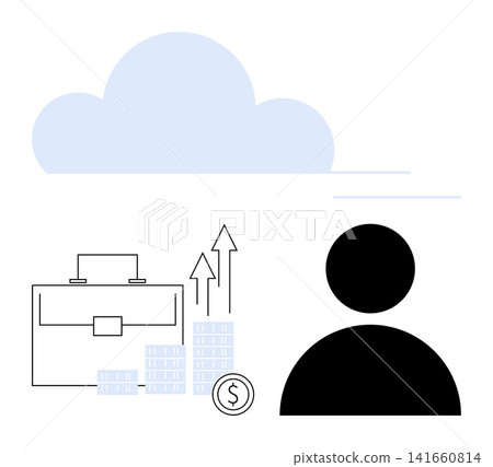 Business solutions, growth strategies, cloud storage, financial management, data analysis, digital transformation. Briefcase, rising arrows coins cloud and user silhouette. Business growth 141660814