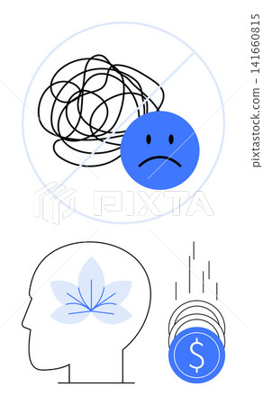 Mental health, stress relief, self-care, financial challenges, therapy, mindfulness. Sad face and tangled lines, head with a lotus coins falling. Stress relief and mental health concepts 141660815