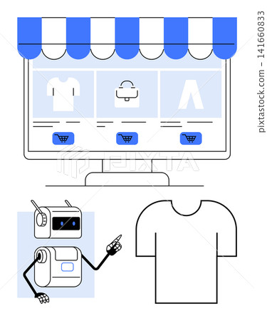 E-commerce, online shopping, retail automation, artificial intelligence, digital stores, sales technology. Robot pointing to a shirt with an online shopping interface. E-commerce and retail 141660833
