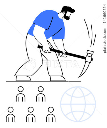 Labor, globalization, workforce, digital connection, manual work, mining industry. A worker using a pickaxe with outline figures and a globe. Labor and globalization idea Labor, globalization, workforce, digital connection, manual work, mining industry. A worker using a pickaxe with outline figures and a globe. Labor and globalization idea 141660834