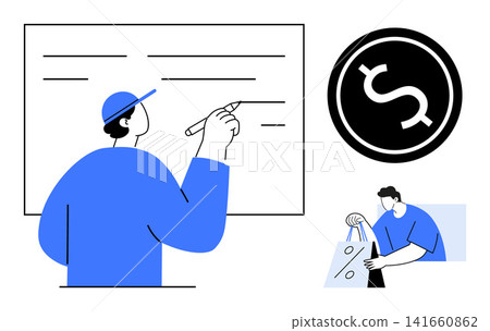Financial planning, budgeting, education, commerce, investment, retail shopping. Person writing on a board, dollar symbol and shopper holding a bag. Financial planning and budgeting theme Financial planning, budgeting, education, commerce, investment, retail shopping. Person writing on a board, dollar symbol and shopper holding a bag. Financial planning and budgeting theme 141660862
