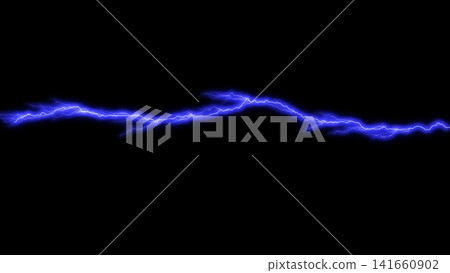 A blue electric discharge line crosses a black background. A blue electric discharge line crosses a black background. 141660902