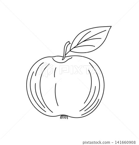 Fresh ripe apple with leaf on stem, concept of healthy organic eating, vitamins, orchard harvest, autumn gathering, sweet natural juice, crunchy garden fruit, hand drawn outline illustration Fresh ripe apple with leaf on stem, concept of healthy organic eating, vitamins, orchard harvest, autumn gathering, sweet natural juice, crunchy garden fruit, hand drawn outline illustration 141660908