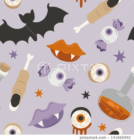 Hand-drawn Halloween seamless pattern with trick-or-treat candies, bat, potion and zombie severed finger for background, packaging Hand-drawn Halloween seamless pattern with trick-or-treat candies, bat, potion and zombie severed finger for background, packaging 141660992