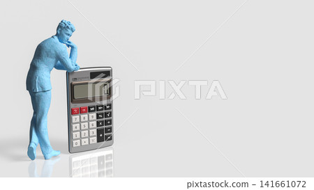 Thoughtful Businessman Planning Finances Beside Giant Calculator 3d render. 141661072