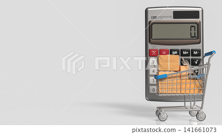 Online Shopping Budget Calculation with Cart and Packages 3d render. Online Shopping Budget Calculation with Cart and Packages 3d render. 141661073