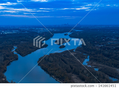 Aerial Vistula River braids and islands near Warsaw at dusk Aerial Vistula River braids and islands near Warsaw at dusk 141661451