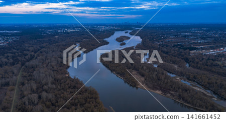 Aerial view of the Vistula River near Warsaw with wooded islands Aerial view of the Vistula River near Warsaw with wooded islands 141661452