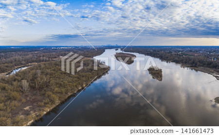 Aerial view of the Vistula River near Warsaw with sandbar islands 141661473