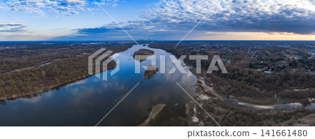 Aerial panorama of Vistula River near Warsaw at sunset light 141661480