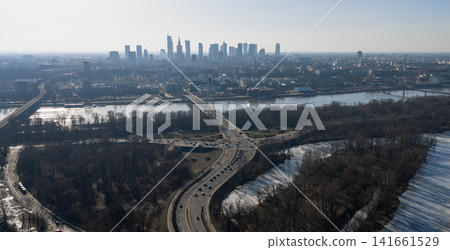 Aerial Warsaw with Swietokrzyski Bridge and Palace of Culture 141661529