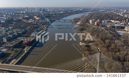 Aerial view of Warsaw, Vistula River, and Swietokrzyski Bridge Aerial view of Warsaw, Vistula River, and Swietokrzyski Bridge 141661537