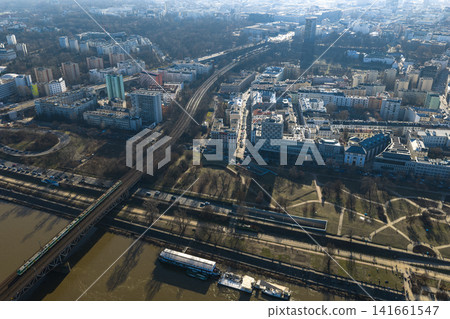 Aerial view of Warsaw SKM train on Srednicowy Bridge over Vistula Aerial view of Warsaw SKM train on Srednicowy Bridge over Vistula 141661547