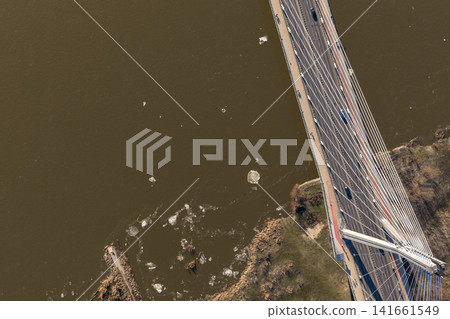 Aerial view of Warsaw's Swietokrzyski Bridge over the Vistula River 141661549