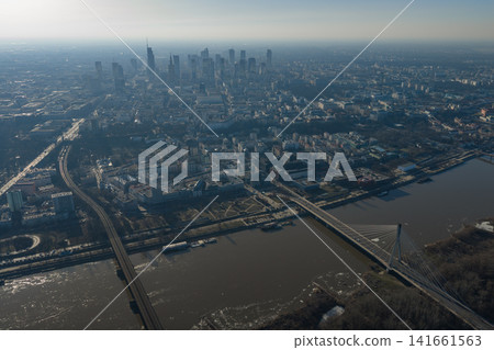 High altitude drone view of central Warsaw and Vistula River High altitude drone view of central Warsaw and Vistula River 141661563