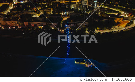 Aerial Night View of Vilnius with Blue Light Installation Aerial Night View of Vilnius with Blue Light Installation 141661600