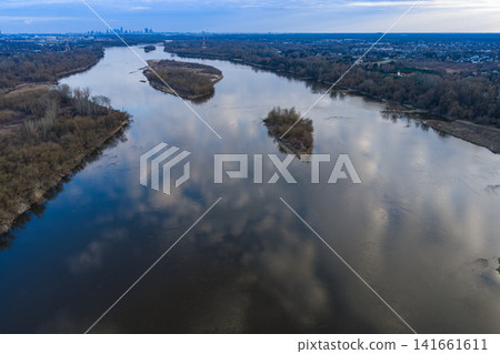 Aerial view of the Vistula River with Warsaw skyline on horizon Aerial view of the Vistula River with Warsaw skyline on horizon 141661611