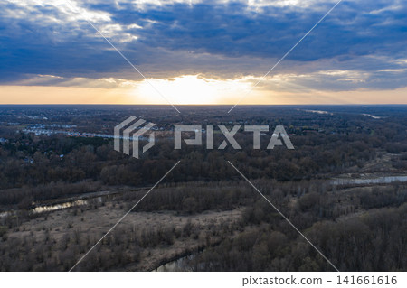 Aerial dusk over Mazovian wetlands and woodland near Warsaw 141661616
