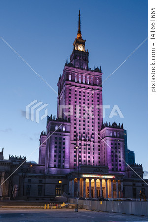 Palace of Culture and Science in Warsaw Lit with Purple Lighting Palace of Culture and Science in Warsaw Lit with Purple Lighting 141661665