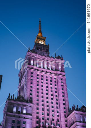 Palace of Culture and Science in Warsaw Illuminated in Purple Light Palace of Culture and Science in Warsaw Illuminated in Purple Light 141661670
