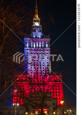 Palace of Culture and Science Illuminated at Night in Warsaw, Poland Palace of Culture and Science Illuminated at Night in Warsaw, Poland 141661676