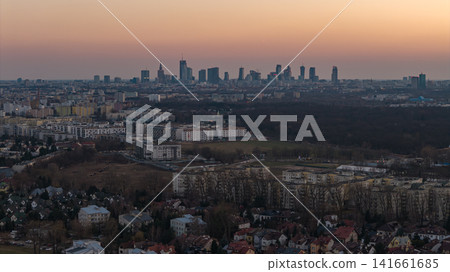 Aerial dusk view of Warsaw skyline with Palace of Culture and Science 141661685