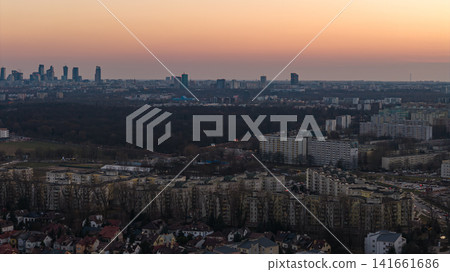 Aerial dusk panorama of Warsaw skyline and parkland from suburbs Aerial dusk panorama of Warsaw skyline and parkland from suburbs 141661686
