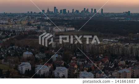 Aerial dusk view of Warsaw skyline with Palace of Culture and Science Aerial dusk view of Warsaw skyline with Palace of Culture and Science 141661687