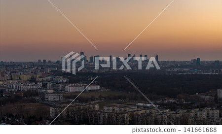 Warsaw skyline at dusk with Palace of Culture and Science, aerial view Warsaw skyline at dusk with Palace of Culture and Science, aerial view 141661688