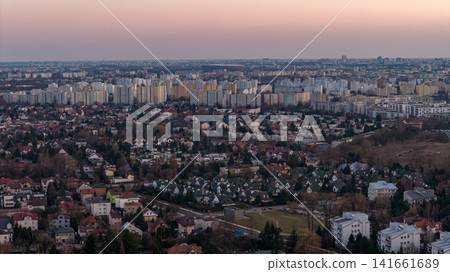 Aerial dusk view of Warsaw, Poland, with Soviet era towers and villas Aerial dusk view of Warsaw, Poland, with Soviet era towers and villas 141661689
