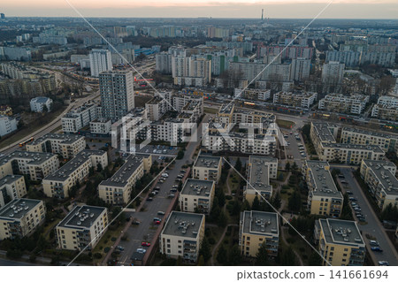 Aerial dusk view of Warsaw residential district with skyline Aerial dusk view of Warsaw residential district with skyline 141661694