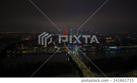 Aerial night view of Warsaw with Swietokrzyski Bridge and skyline 141661715