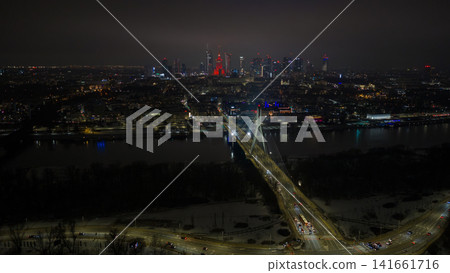 Aerial night view of Warsaw with Swietokrzyski Bridge and skyline Aerial night view of Warsaw with Swietokrzyski Bridge and skyline 141661716