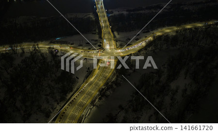 Aerial night view of Warsaw intersection and bridge over Vistula Aerial night view of Warsaw intersection and bridge over Vistula 141661720