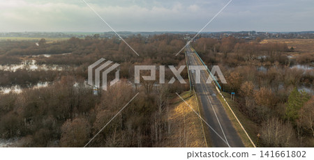 Aerial bridge over flooded leafless forest and wetlands in Belarus Aerial bridge over flooded leafless forest and wetlands in Belarus 141661802