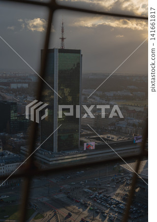 Elevated View of Warsaw Cityscape with Skyscraper and Urban Streets Elevated View of Warsaw Cityscape with Skyscraper and Urban Streets 141661817