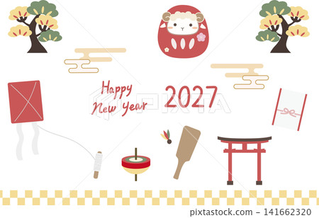 2027年新年插畫套裝（羊年：綿羊達摩娃娃、松樹、風箏、戰鼓、陀螺） 141662320