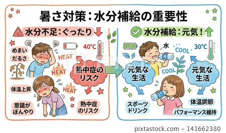 Heatstroke prevention: A comparative illustration illustrating the importance of hydration in children (dehydration and energy levels) Heatstroke prevention: A comparative illustration illustrating the importance of hydration in children (dehydration and energy levels) 141662380