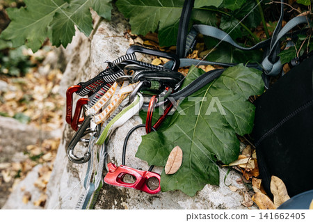 Traditional Rock Climbing Gear With Tube On Rock Surface: Quick Draws, Carabiners, And Tubular Webbing Resting On Limestone With Green Leaves Traditional Rock Climbing Gear With Tube On Rock Surface: Quick Draws, Carabiners, And Tubular Webbing Resting On Limestone With Green Leaves 141662405