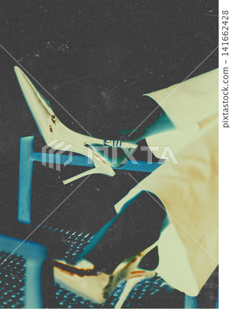 Negative image of high heel shoes with inverted colors. Experimental fashion photography exploring aesthetics, contemporary design, luxury footwear. Negative image of high heel shoes with inverted colors. Experimental fashion photography exploring aesthetics, contemporary design, luxury footwear. 141662428