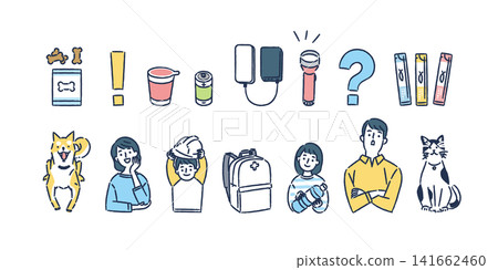 Disaster preparedness and evacuation supplies, and a small set for family and pets. 141662460