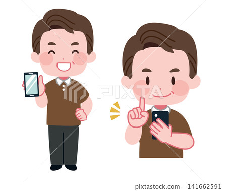 A set of illustrations of middle-aged and senior men operating and showing their smartphones. A set of illustrations of middle-aged and senior men operating and showing their smartphones. 141662591